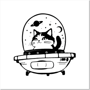 Cute Kawaii Black Cat in UFO Posters and Art